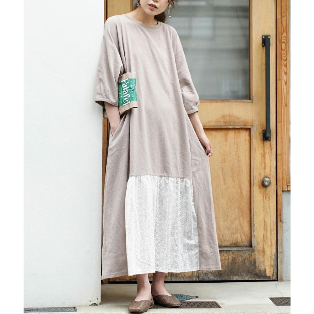 日本 zootie - 純棉蕾絲撞色拼接七分袖長版洋裝-灰杏