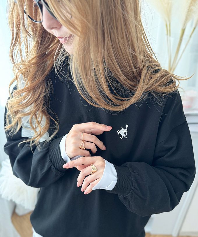 日本 Classical Elf - 百搭logo刺繡微立領長袖上衣-黑