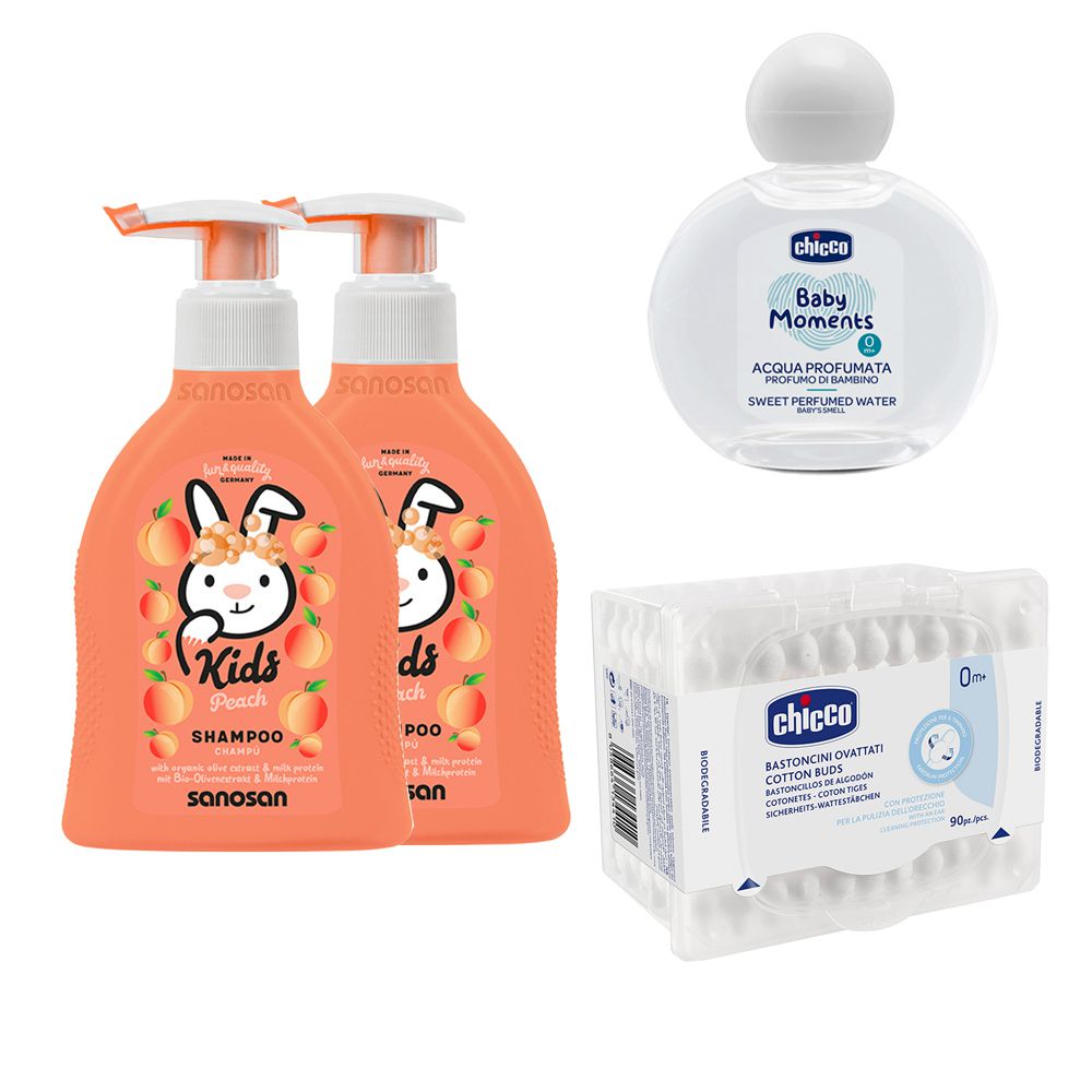 兒童洗髮精x2+Chicco寶貝嬰兒植萃淡雅香水100ml+護耳棉棒-蜜桃香