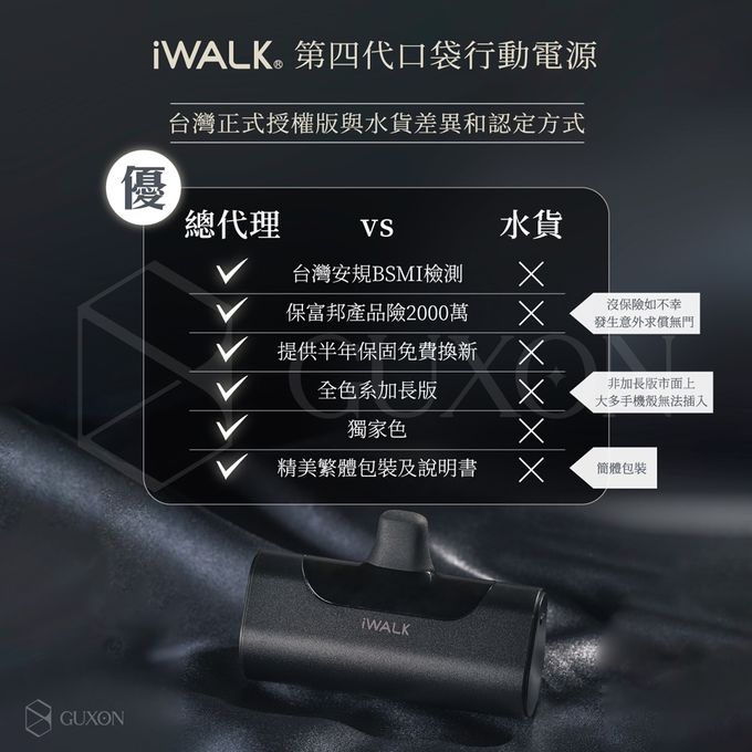 IWALK - 四代加長版 4500mAh口袋行動電源-鋼琴黑 (Lightning / Type-C 充電頭)-台灣公司貨