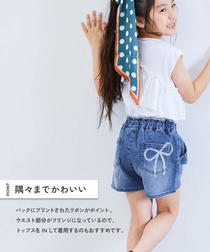 日本 devirock - Raku Denim蝴蝶結印花牛仔短褲-藍