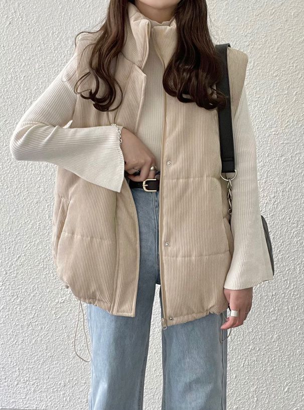 日本 GRL - 燈芯絨抽繩鋪棉背心-米杏 (F)