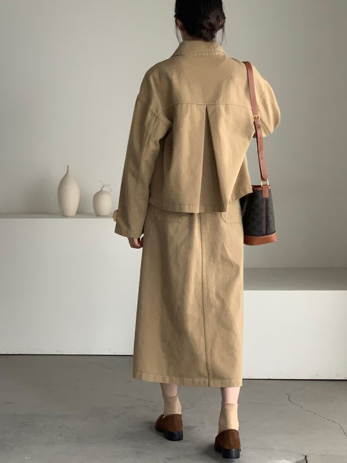 韓國女裝連線 - 後鬆緊鈕扣點綴A字長裙-卡其 (FREE)