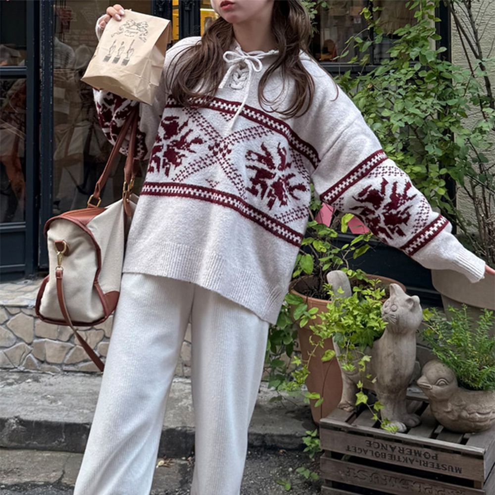 北歐風圖騰溫暖連帽針織上衣-象牙白 (F)