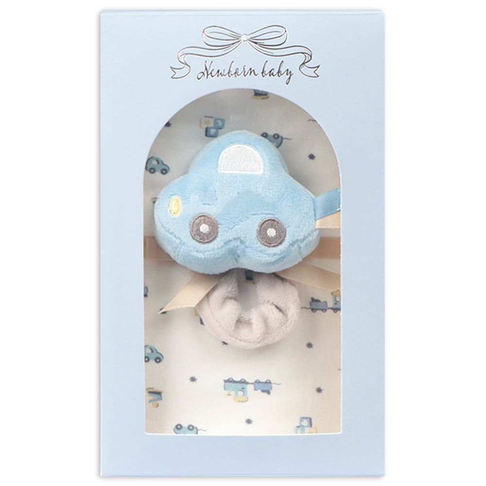 禮盒 包巾&手搖鈴-汽車-淺藍色 (80×80cm)