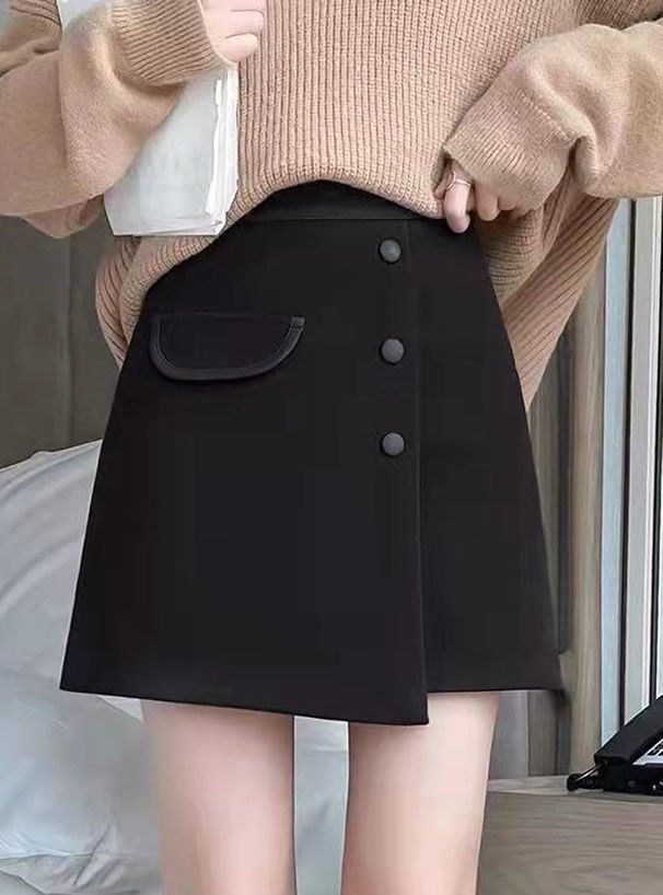 日本 GRL - 不規則裙擺排釦短裙(附安全褲內襯)-咖啡