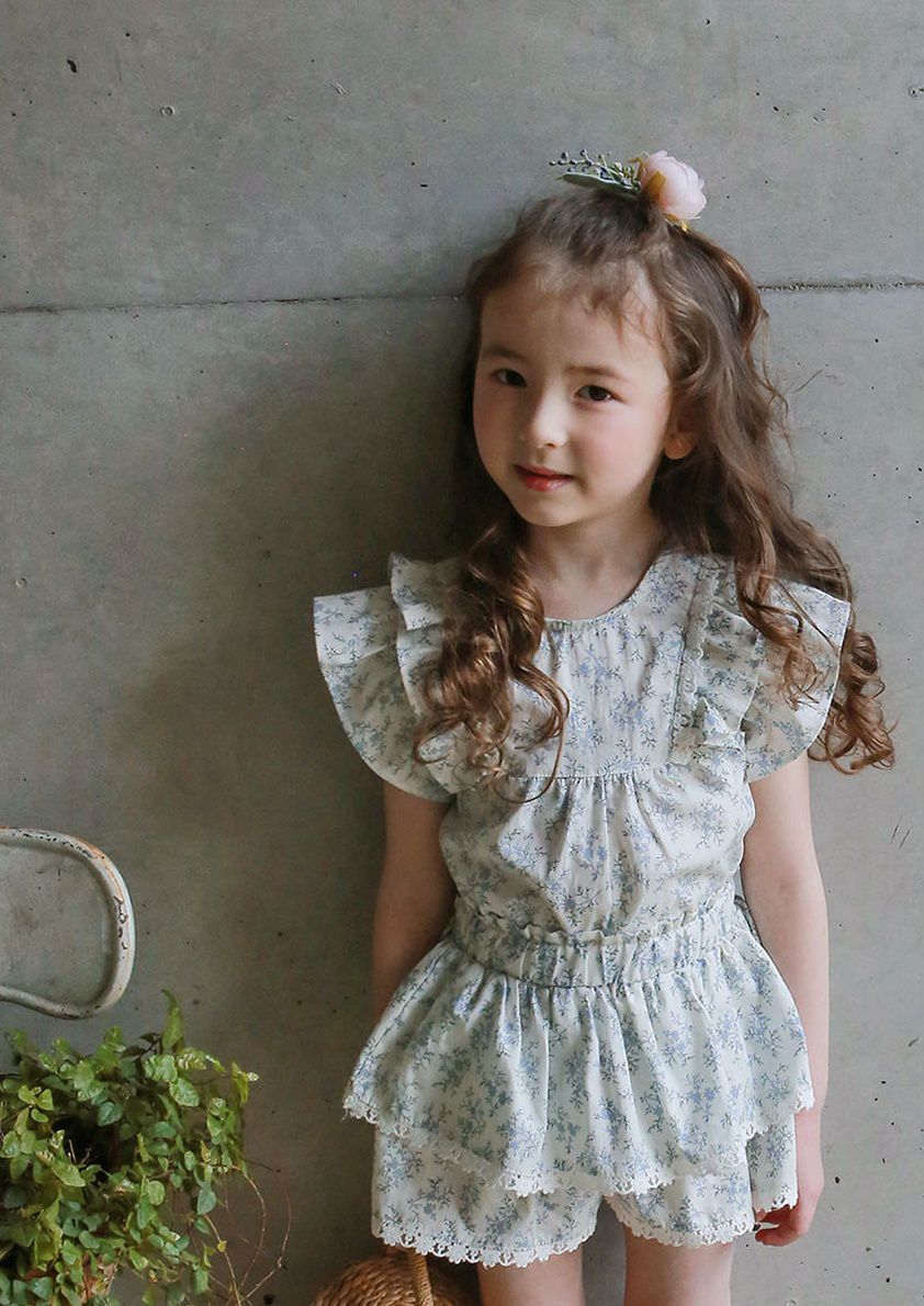 韓國 PuellaFLO - 雙層荷葉袖碎花上衣-藍花