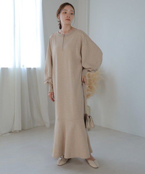 日本 Bab - 2WAY圓領印花魚尾洋裝-摩卡