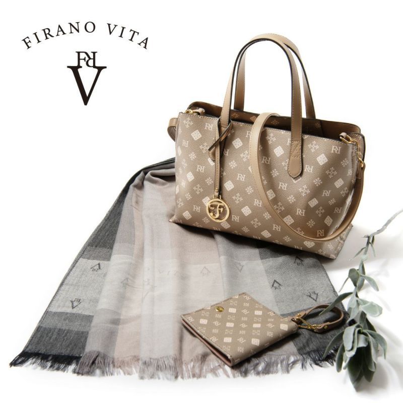 日本 FIRANO - [雜誌揭載]經典花紋仿皮兩用托特包3件組-附圍巾/口罩套-深褐 (21x33x12cm)
