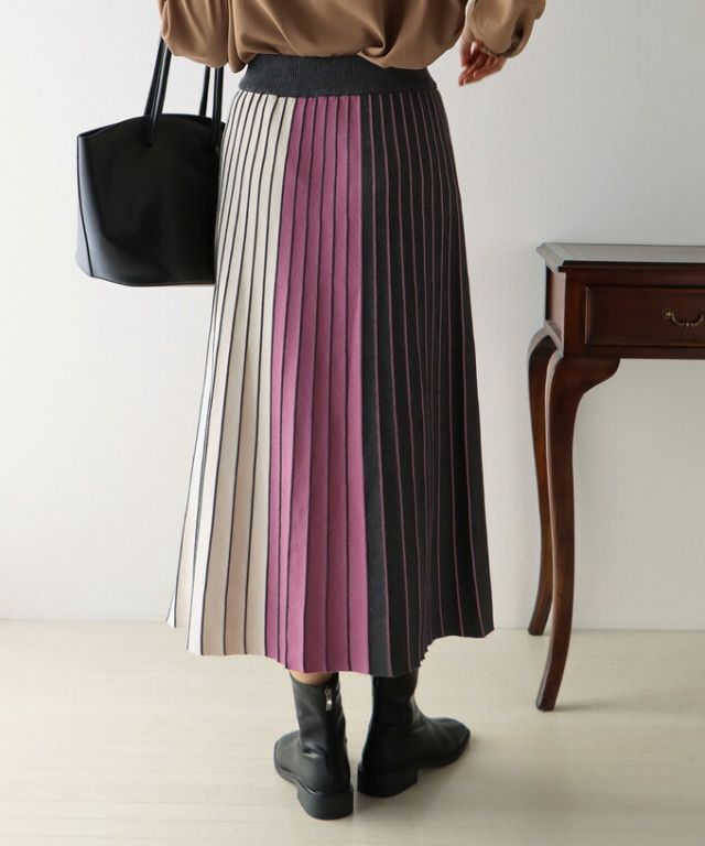 日本 BLUE EAST - 立體針織壓紋百褶裙-撞色-灰藍