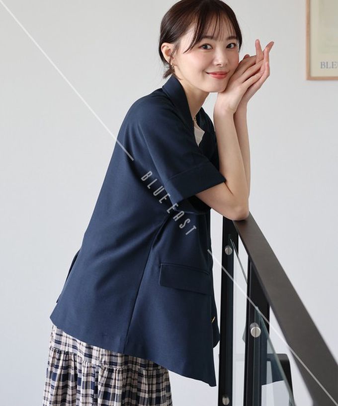 日本 BLUE EAST - 亞麻感氣質金釦短袖西裝外套-海軍藍