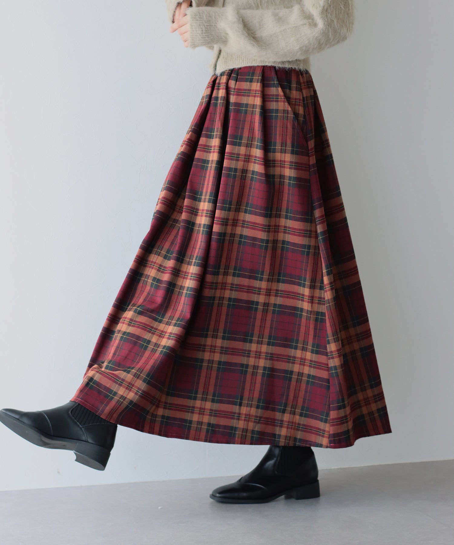 日本 BLUE EAST - [經典推薦]英倫格紋傘狀修身長裙-酒紅