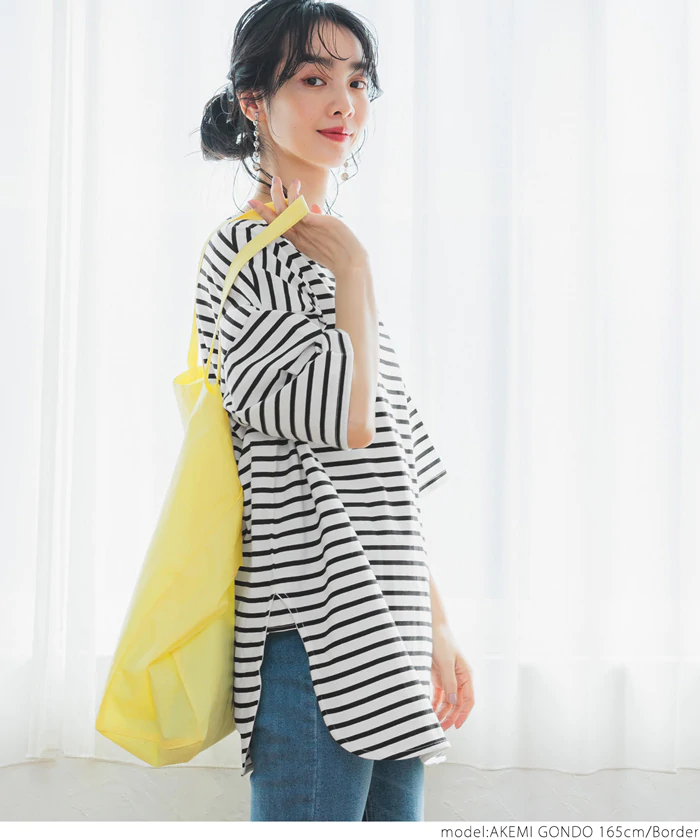 日本 COCA - 美國棉橫條紋寬鬆落肩五分袖長版上衣-黑白