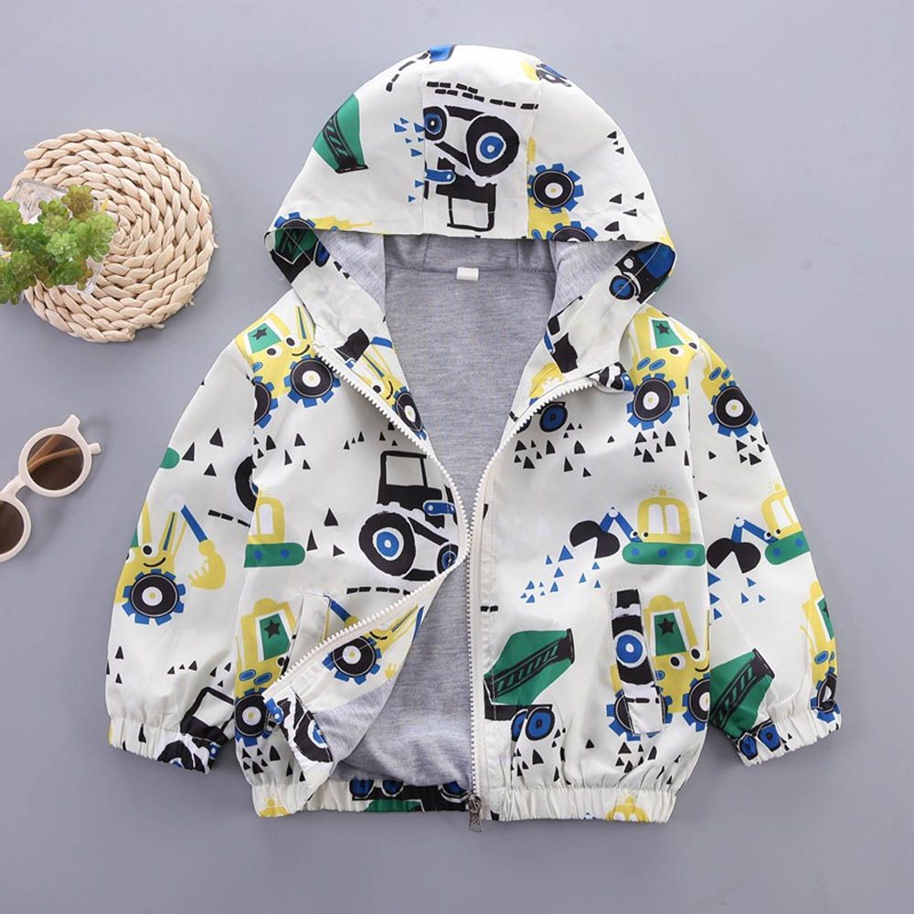 兒童連帽防風外套-挖土機工作中-米色