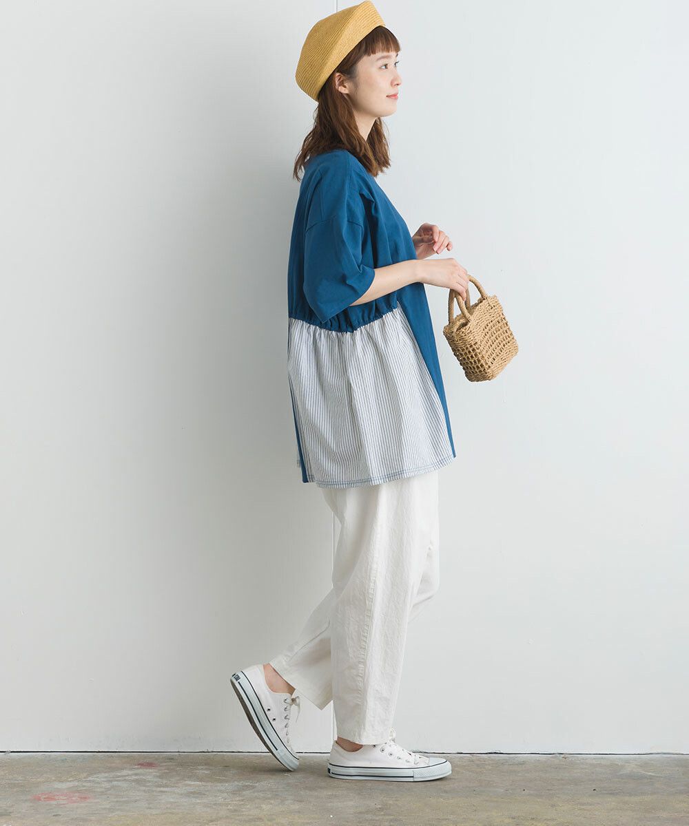 日本女裝代購 - 16支天竺棉拼接五分袖上衣-米白