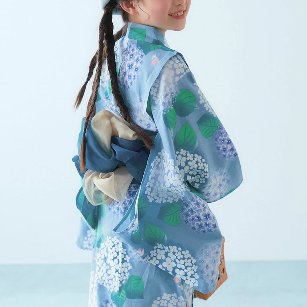 純棉 2way穿搭華麗浴衣洋裝(4件組)-粉彩繡球花-藍綠