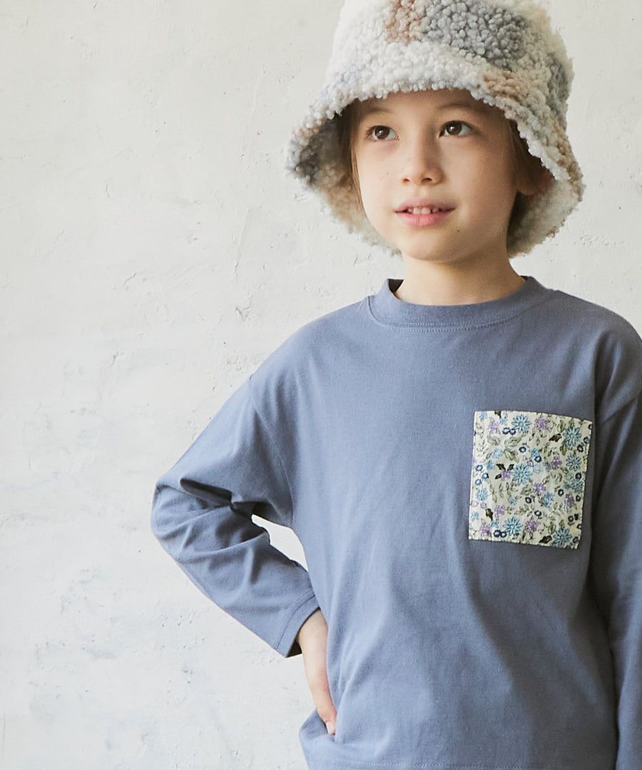 日本 PAIRMANON - 拼接口袋圓領薄長袖上衣-格紋-藍灰