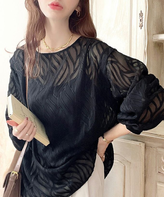 日本 Classical Elf - 波光粼粼刺繡透膚2way長袖襯衫-冰河藍