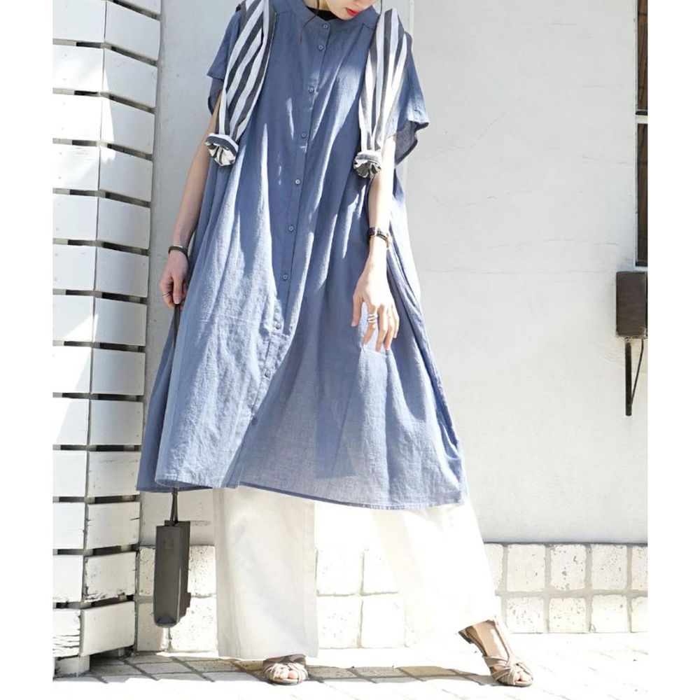 日本 zootie - 100%棉 涼爽輕透長版短袖襯衫-煙燻藍