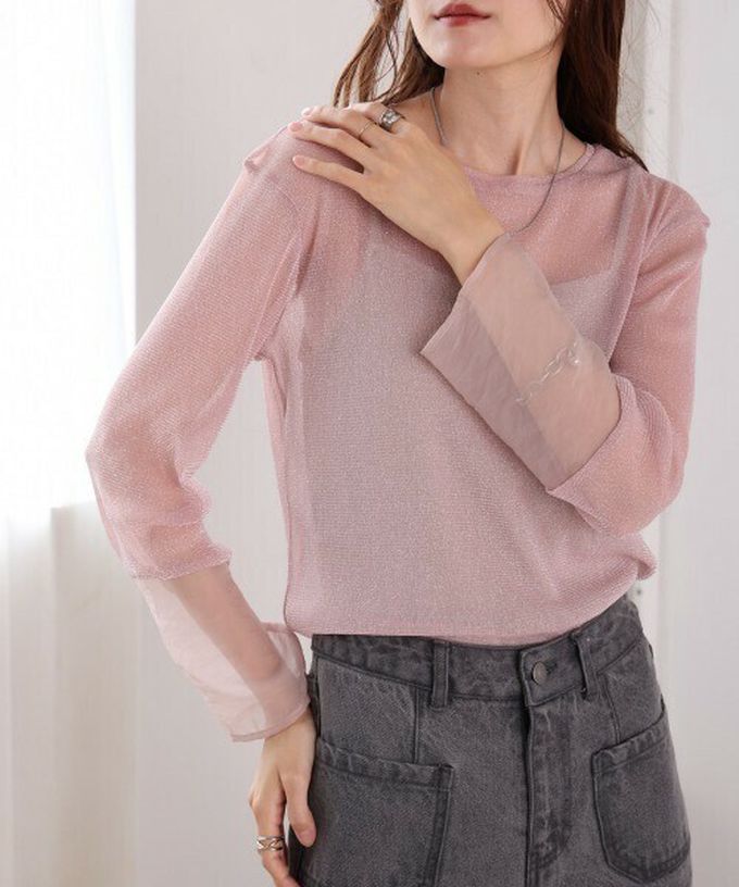 日本 Bab - 亮麗光澤歐根紗拼接透膚薄長袖上衣-淺卡其