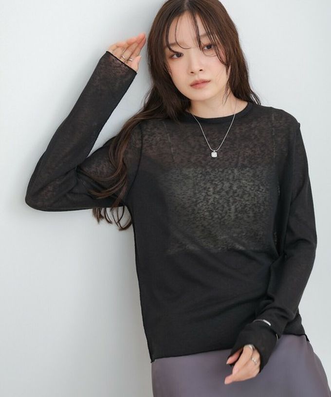 日本 Bab - 率性混色感微透膚長袖上衣-灰