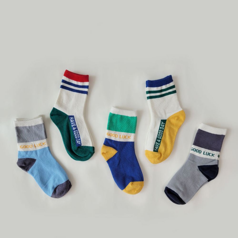 (五入組)韓製兒童中筒襪-色塊拼接