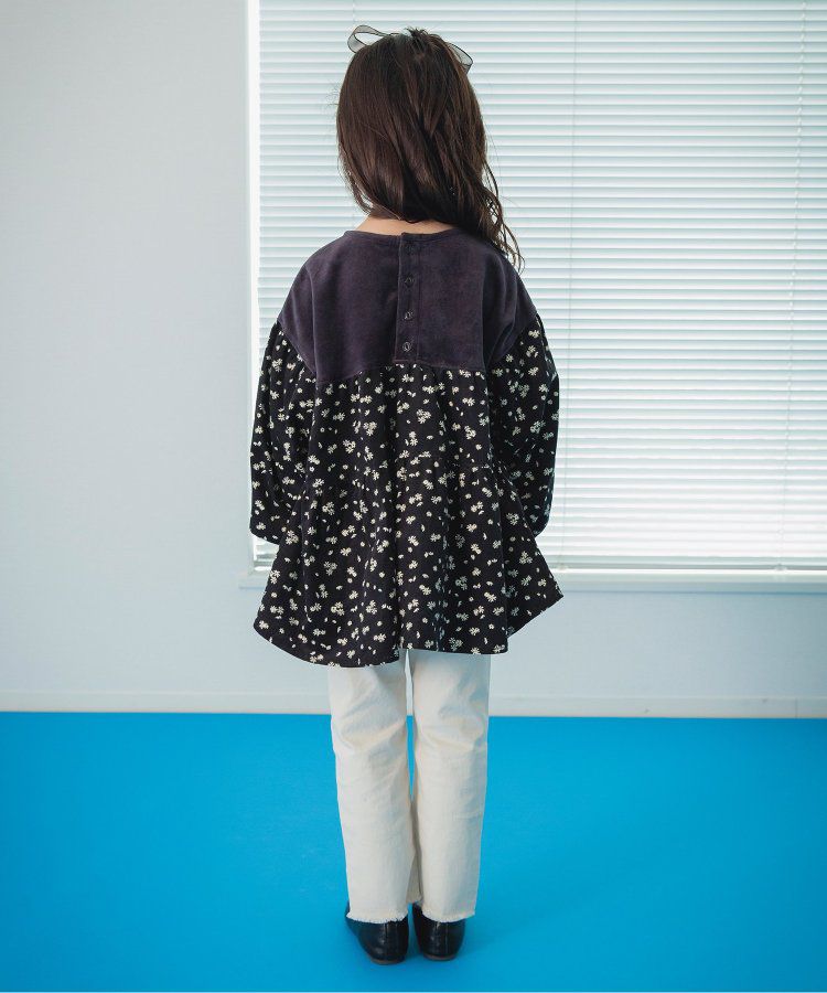 日本 BREEZE - 華美異素材拼接傘狀長袖洋裝-炭黑小花