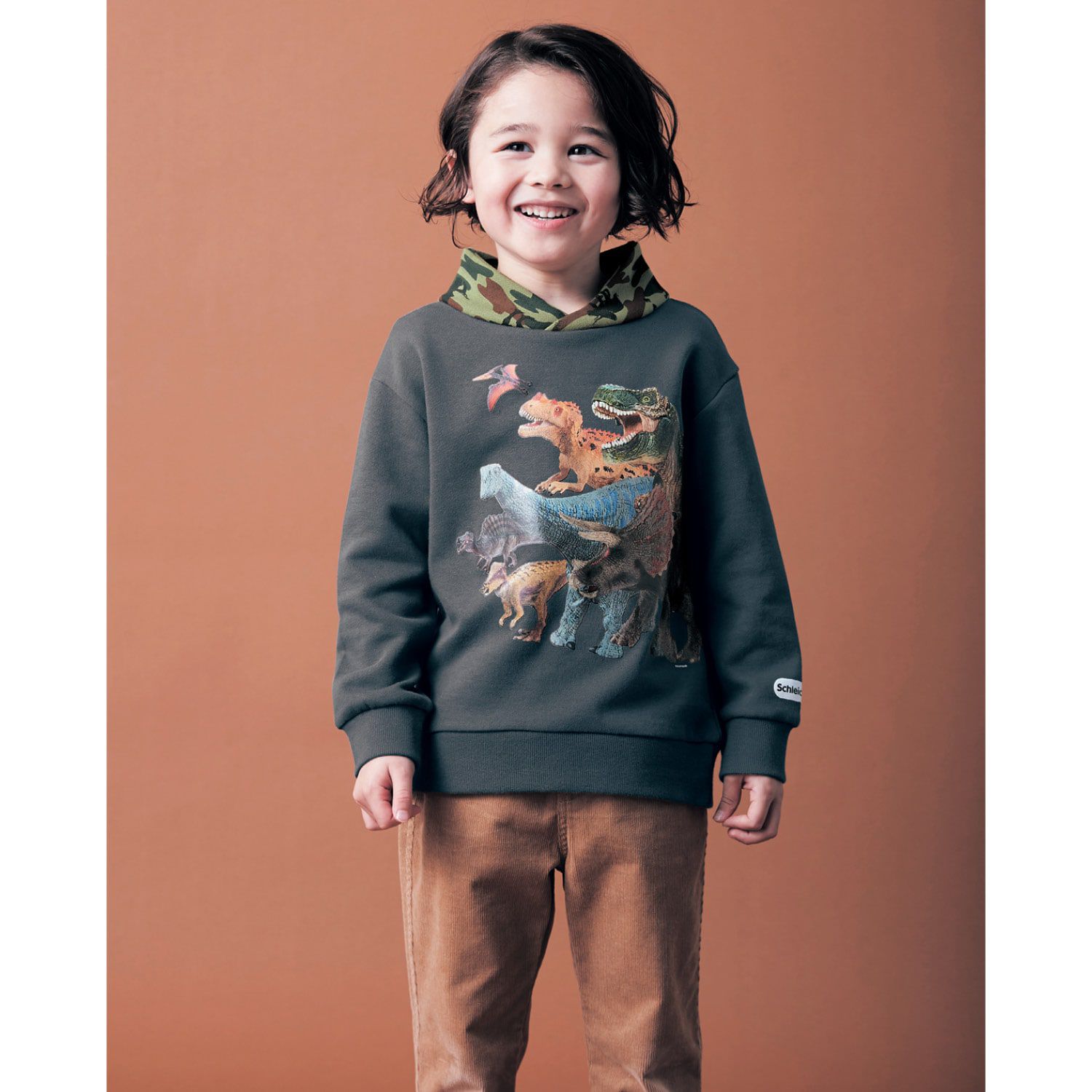 日本千趣會 - Schleich 防風領裏毛印花長袖上衣-恐龍世界-灰黑x迷彩