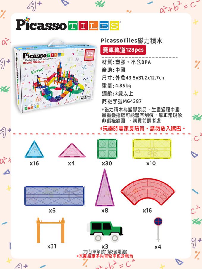 美國PicassoTiles - 磁力積木-賽車軌道-128片