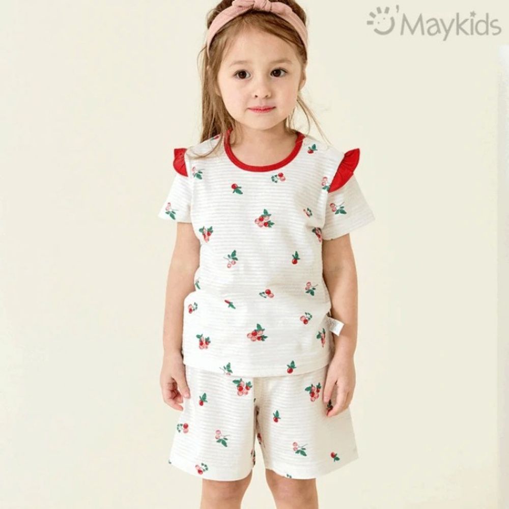 透氣條紋提花棉短袖家居服-迷你莓果-米白