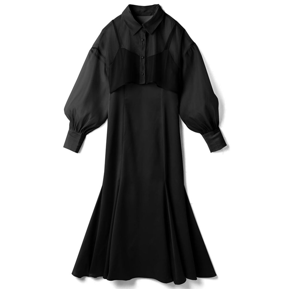 日本 GRL - 光澤短版長袖透膚襯衫X 細肩帶合身長洋裝兩件組-黑