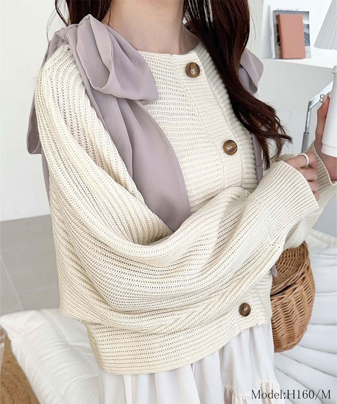 日本 Classical Elf - mily bilet 露肩甜美大蝴蝶結羅紋開襟衫-藕粉