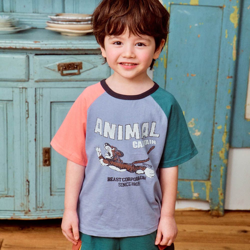 復古老虎拼色短袖上衣-灰藍