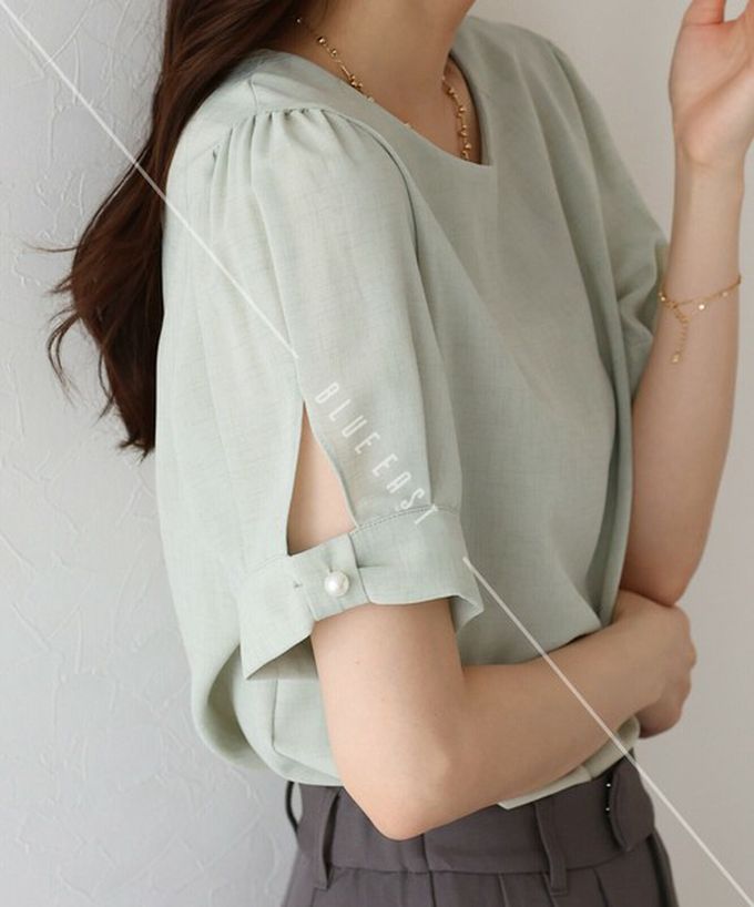 日本 BLUE EAST - 珍珠袖扣亞麻感氣質短袖上衣-黑 (M)