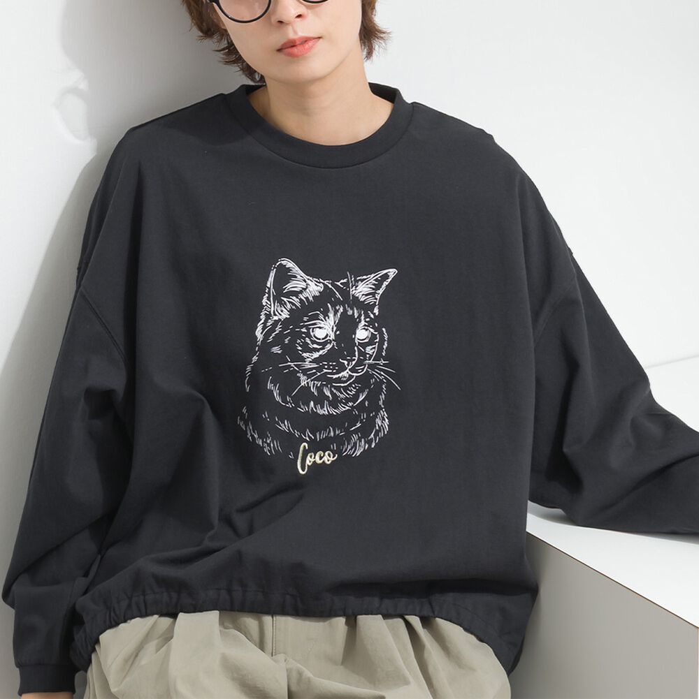 16支天竺棉休閒長袖上衣-貓咪素描-黑