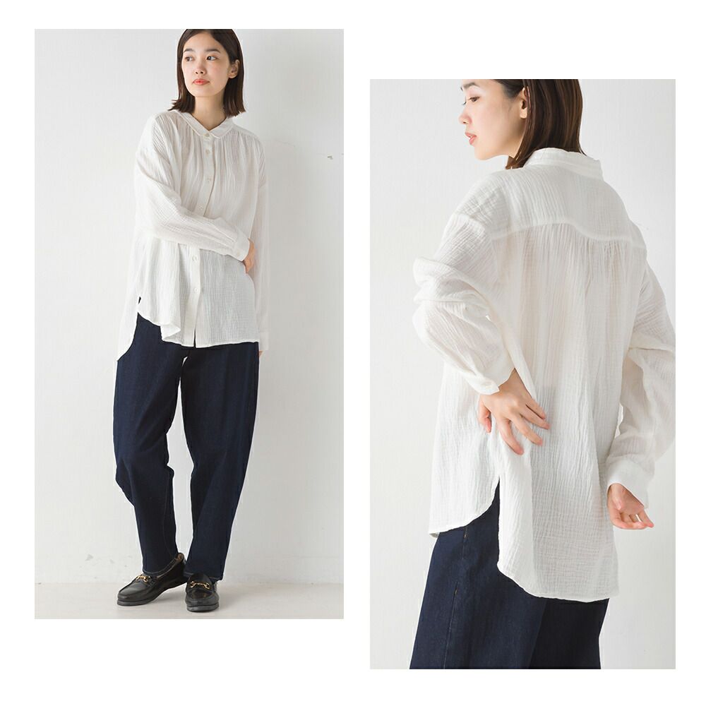 日本 OMNES - 翻領質感二重紗長袖襯衫-格紋-灰黑