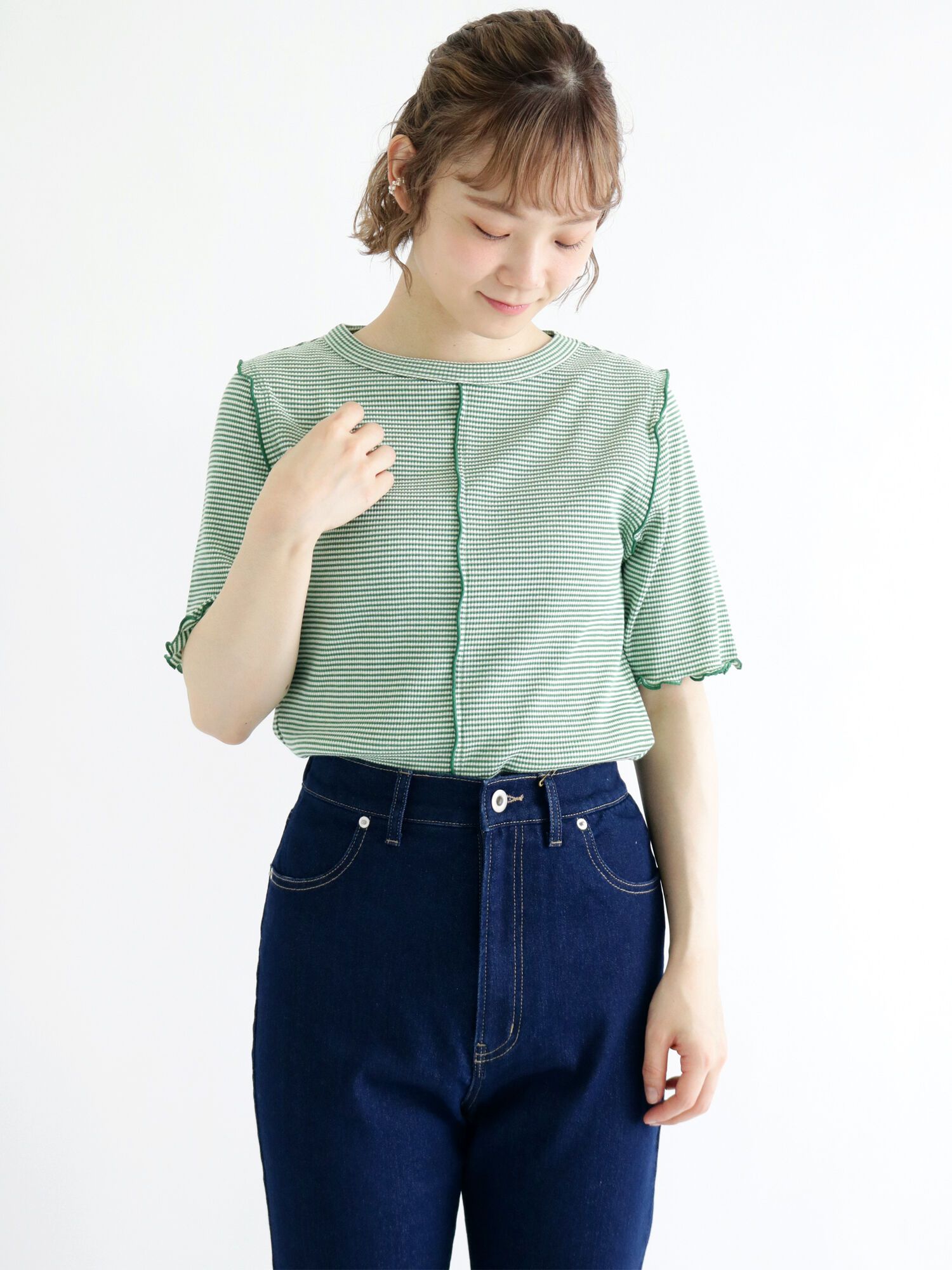 日本 ehka sopo - 百搭木耳滾邊短袖上衣-明亮粉