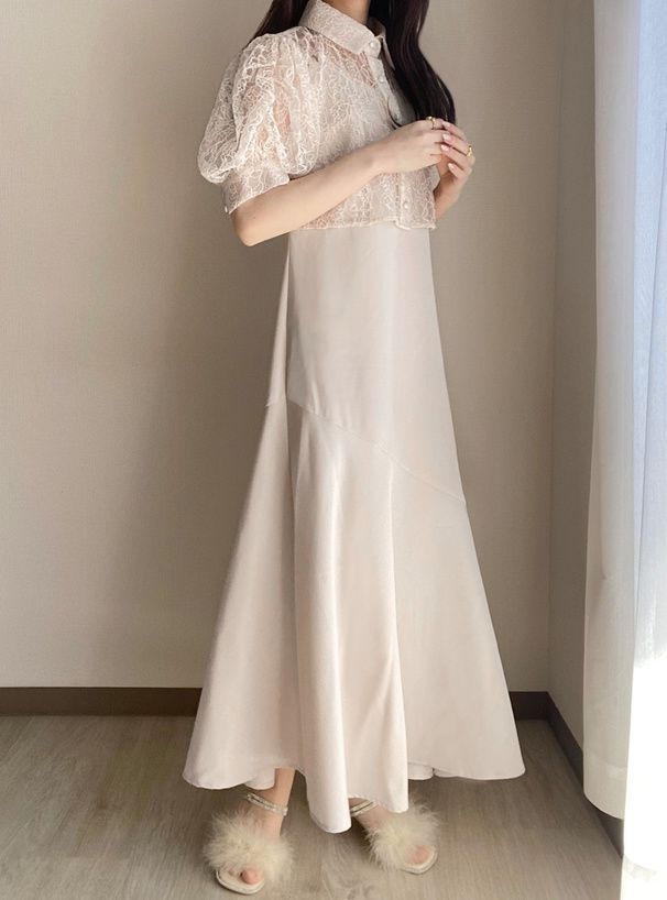 日本 GRL - 氣質花蕾絲兩件式洋裝-優雅杏