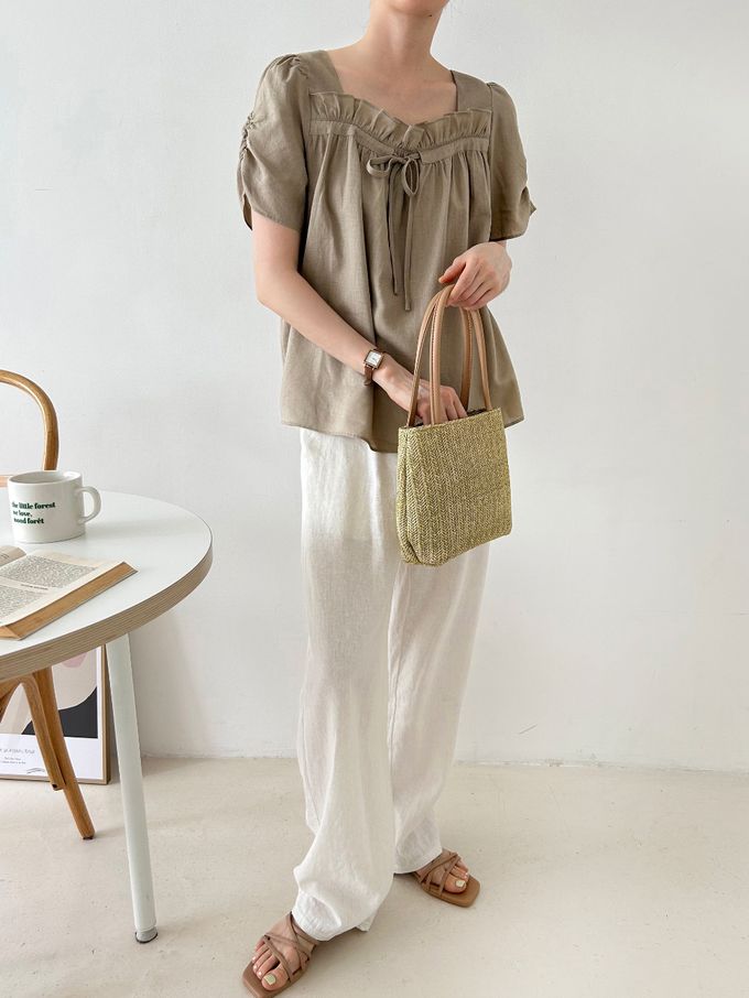 韓國女裝連線 - 波浪方領棉麻短袖上衣-白 (FREE)