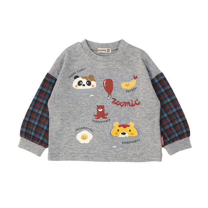 日本 ZOOLAND - 美味印花格紋拼接長袖上衣-卡其