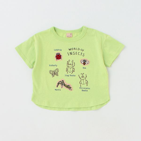 日本 petit main - [接觸冷感]昆蟲刺繡短袖上衣-黃綠