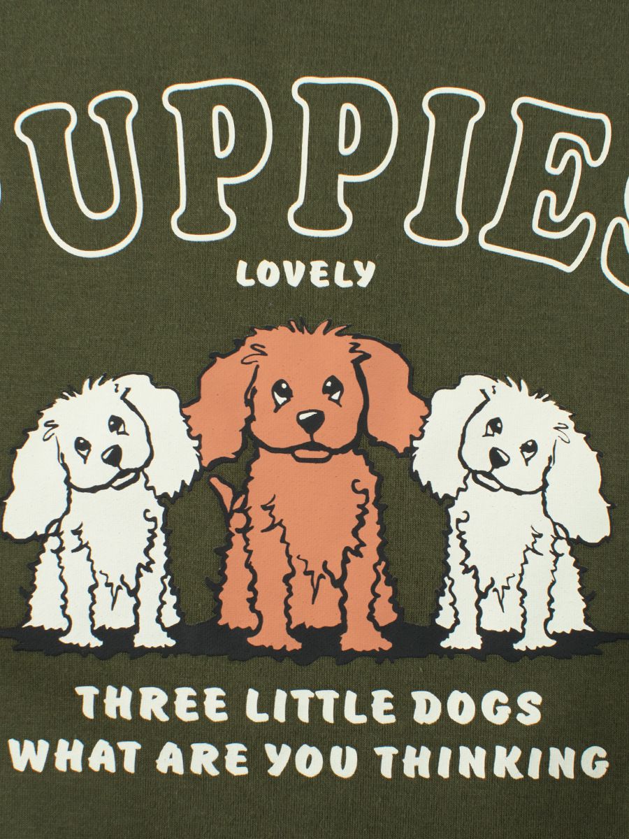 (大童)加絨圓領長袖上衣/大學T-狗狗家族-軍綠色