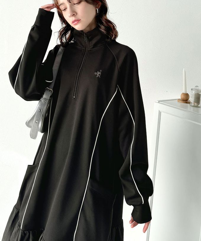 日本 Classical Elf - 異素材荷葉拼接半拉鍊寬版長袖洋裝-炭灰