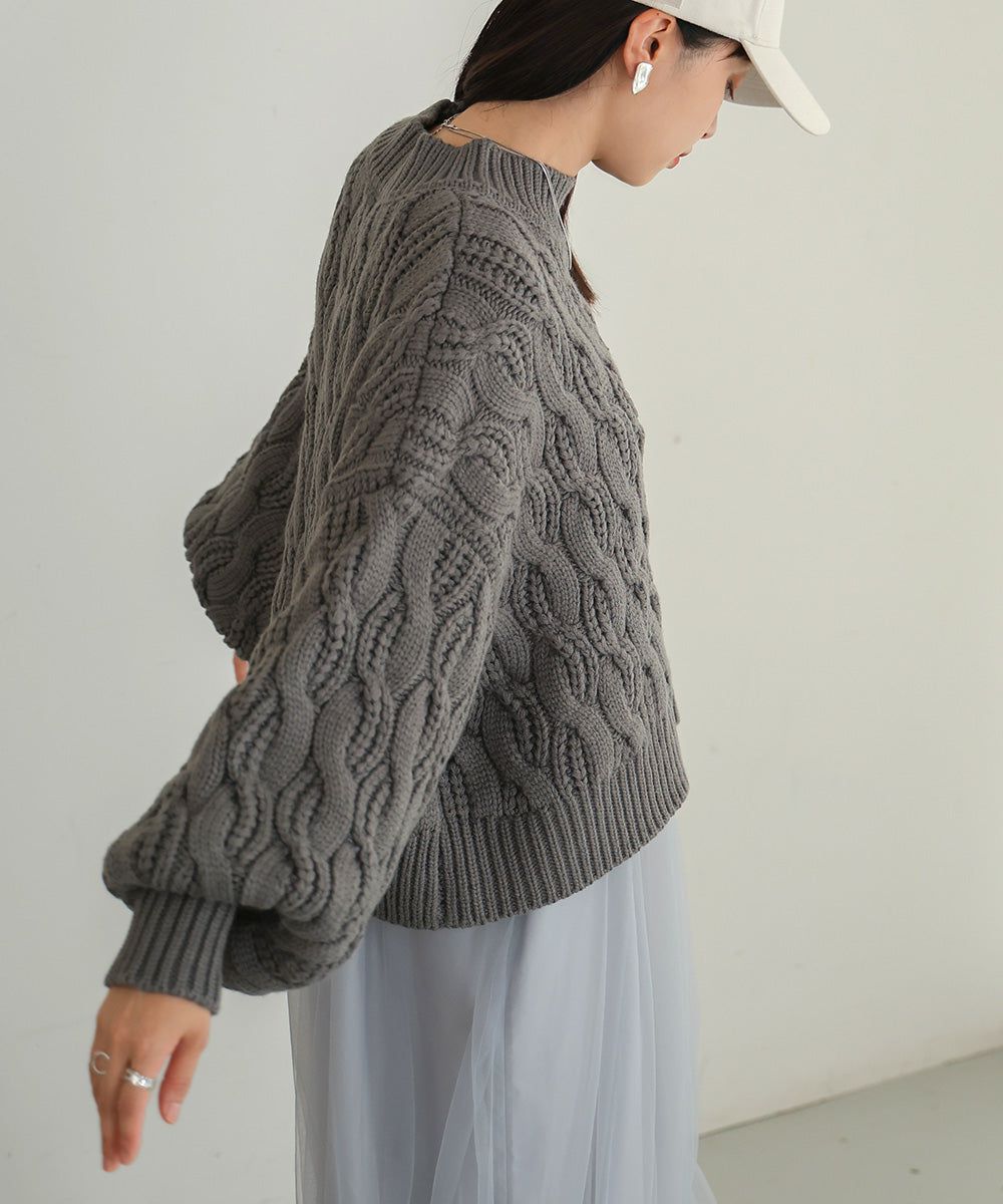 日本 Bab - 麻花編織圓領泡泡袖毛衣-粉膚