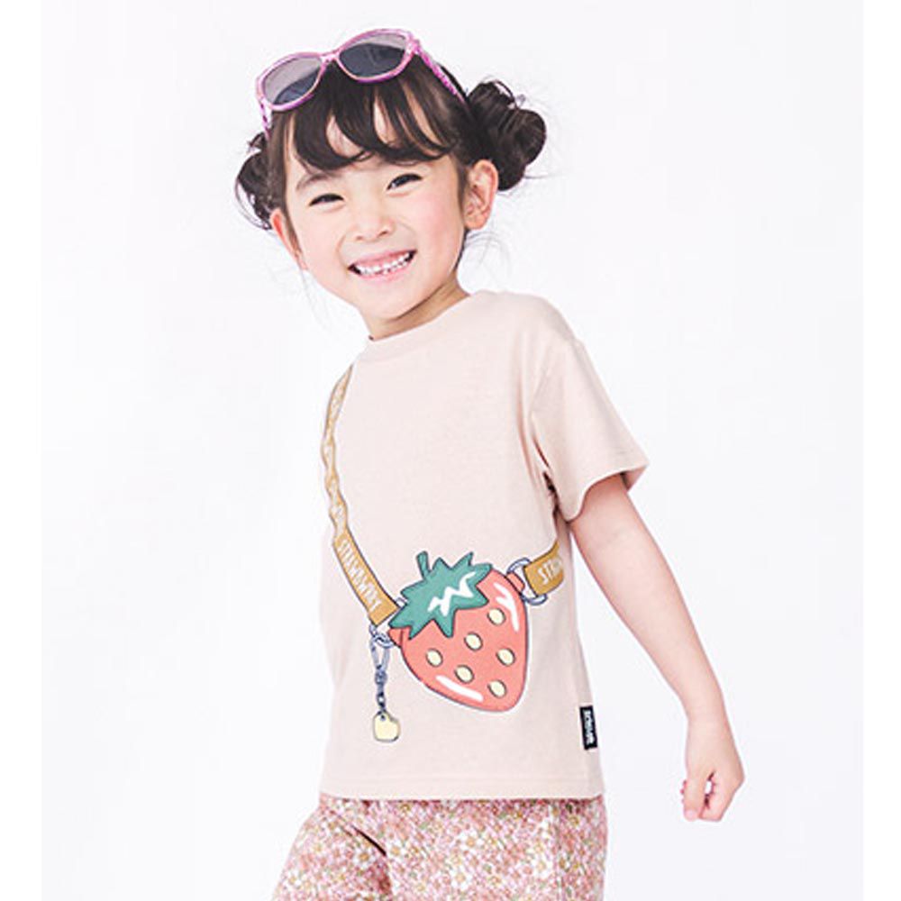 日本 ZOOLAND - 甜美女孩圓領短袖上衣-草莓小包-灰粉