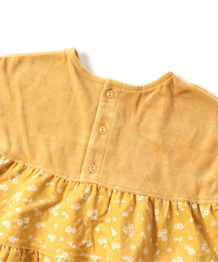 日本 BREEZE - 華美異素材拼接傘狀長袖洋裝-炭黑小花