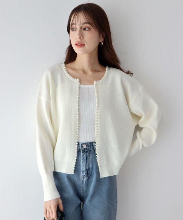 日本 BLUE EAST - 珍珠公主短版針織外套-米杏