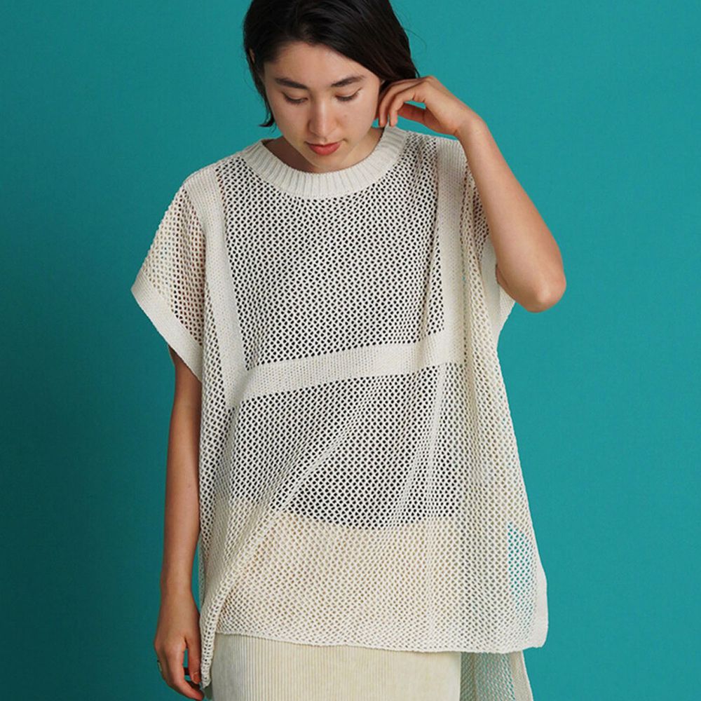 日本 Bou Jeloud - 設計感透視網狀短袖針織背心-米