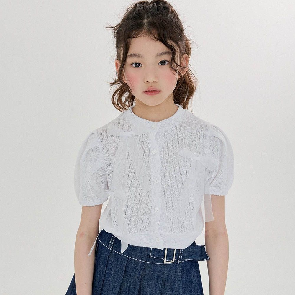 網紗蝴蝶結裝飾針織公主袖上衣-白