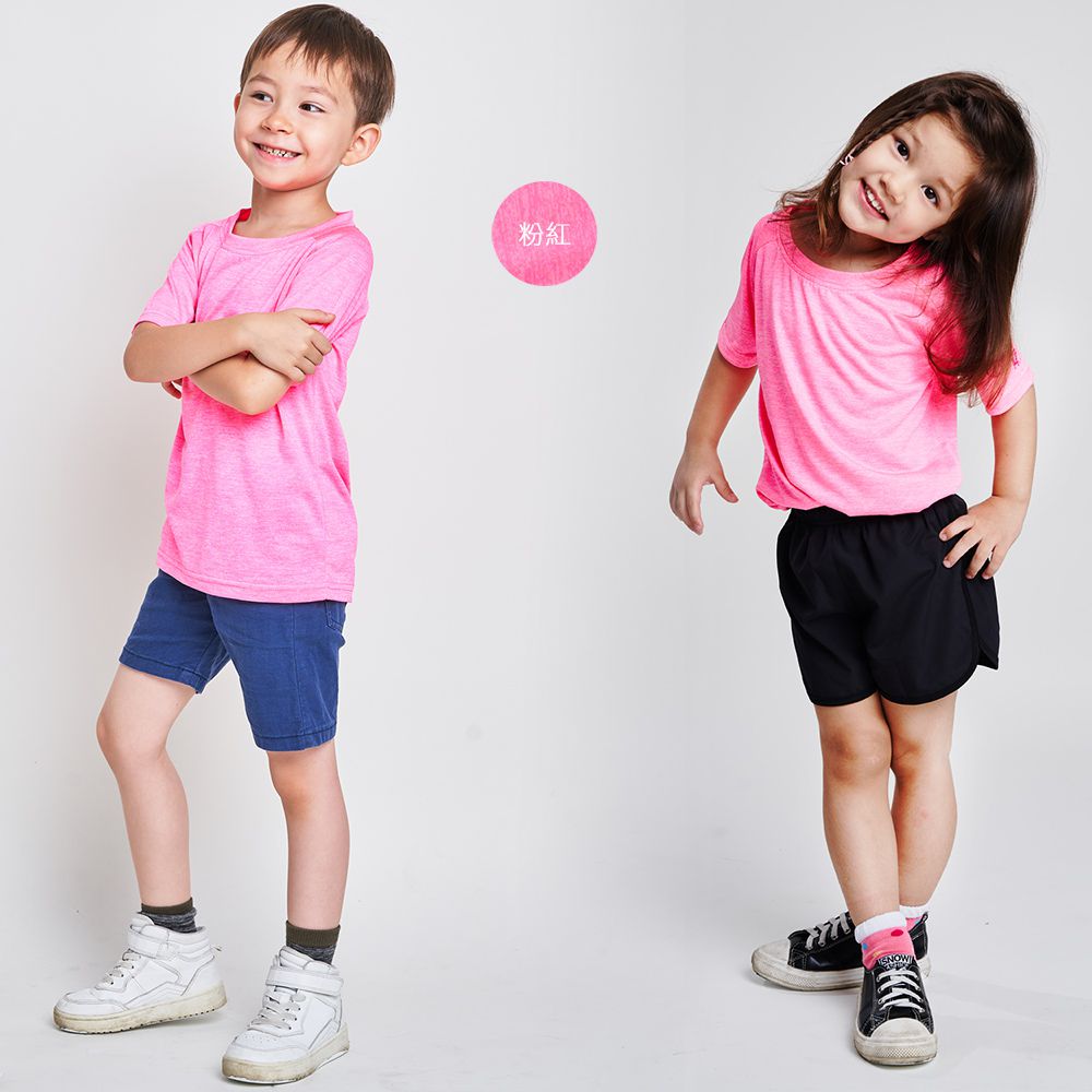 GIAT - 2件組-花紗排汗運動衣-童短袖款-粉紅色